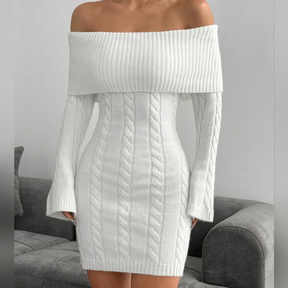 Elegant Long Sleeve Cable Knitted Bodycon Midi Dress - Picture 2 of 6